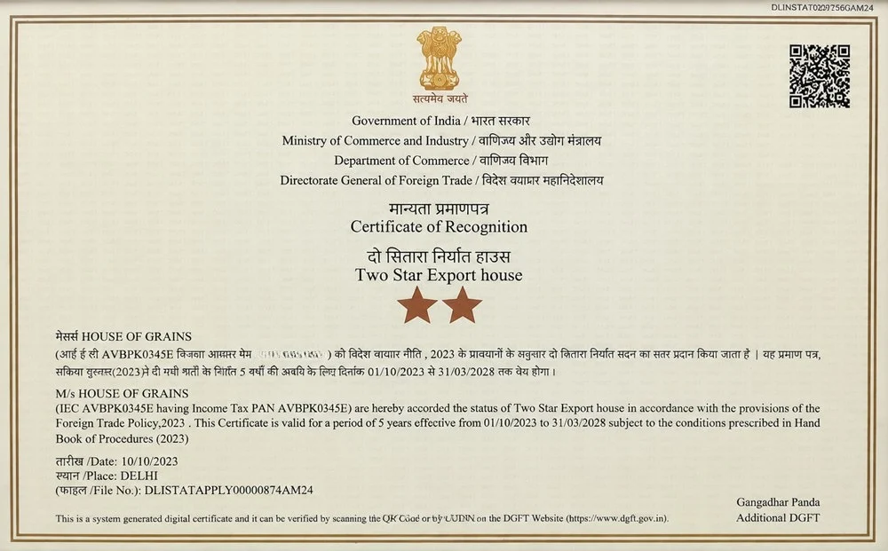 Two Star Export House Certificate of Recognition